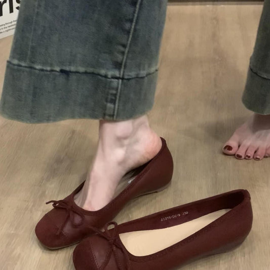 Women's French Style Shoes with Hidden Wedge2025Spring and Autumn New Suede Bowknot Slip-On Light Mouth Apricot Evening Shoes