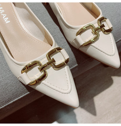 Women's Thick Heel Mid Heel Single Shoes2023Spring New Fashionable Elegant Matching Dress Shoes with Shallow Mouth Pointed Toe Low Heel Evening Shoes