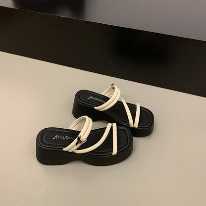 Solid Color Platform Sole Slippers PU Rubber mid-heel(3-5cm)