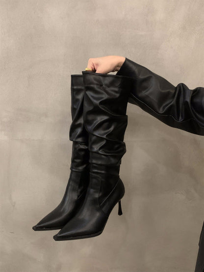 High Heel Pointed Toe Pile Long Boots Women's Shoes2024New Autumn and Winter White Slim Thin Heel Knight Mid-Length Boots