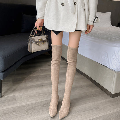 Long Boots for Women, Stretch Long Boots, Pointed Toe High Heel Boots, Over-the-Knee Boots, Suede High Boots, Khaki Color