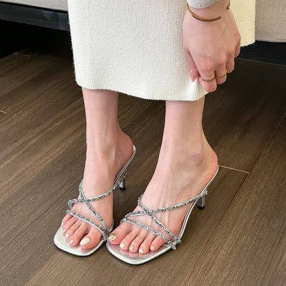 Cool and sophisticated！silver Rhinestone Sandals for Women2025Summer new fashion sexy mules high heel sandals
