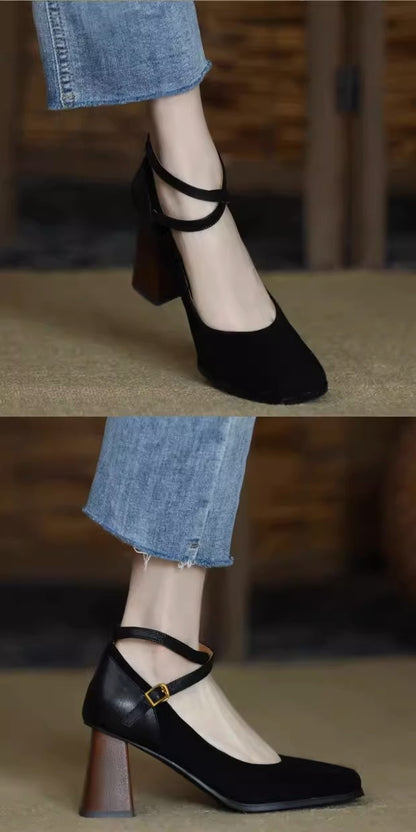 Women's retro square toe high heels2023Autumn and Winter New Suede Leather Patchwork Chunky Heel Cross Buckle Mary Jane Shoes