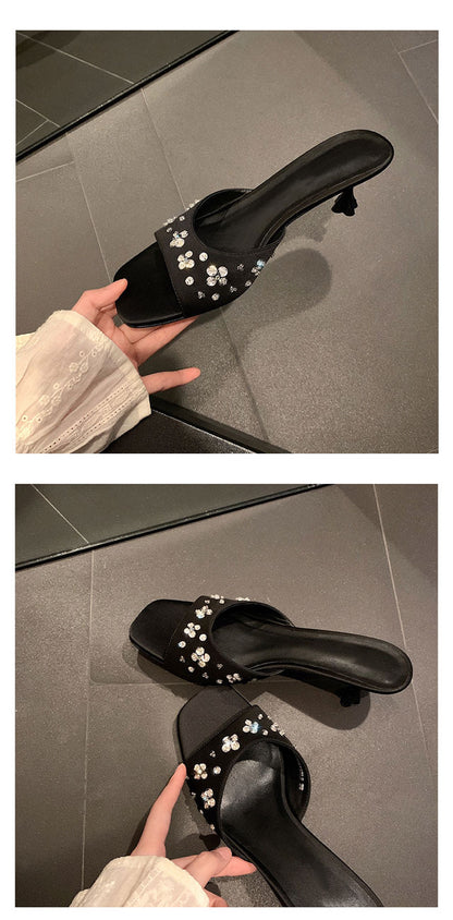 French Style Square Toe One Strap High Heels Petal Rhinestone Satin Kitten Heel Sandals for Women Summer Outdoor Wear