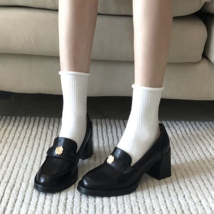 Camellia Loafers for Women2024New French Style Chunky Heel Black High Heel British Style Small Leather Shoes