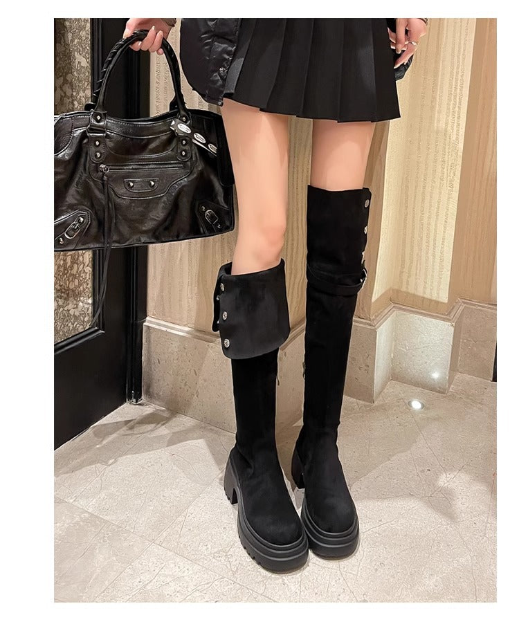 2025New Retro Small Western Boots for Women, Autumn and Winter Fleece-Lined Over-the-Knee Long Boots, Brown Long Boots, Riding Boots