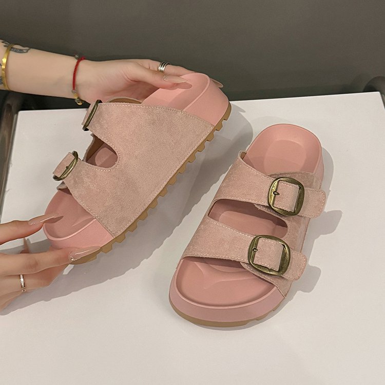 Solid Color Rubber Mid Heel(3-5cm)Platform Sole Suede Slippers