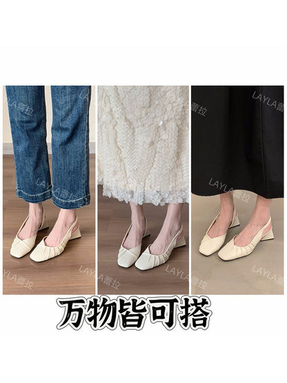 2024Spring Summer New High Heel Closed Toe Backless Sandals Women's Shoes Chunky Heel Shallow Mouth French Gentle Style Single Shoes Women's Shoes