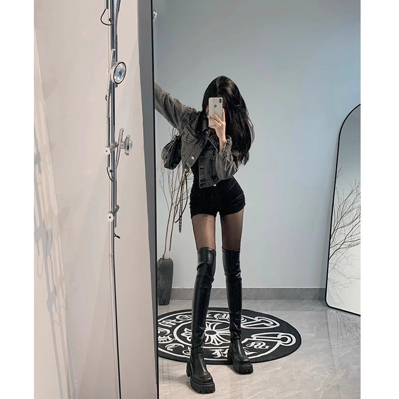 Over-the-Knee Long Boots for Women, French Style High Boots, Leg-Wrapping Elastic Slim Boots, Thick-Soled Leather Boots, Riding Boots