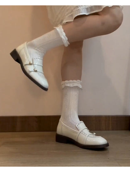 French Style Gentle White Loafers for Women with Belt Buckle Carved Slip-On Low Heel Shoes