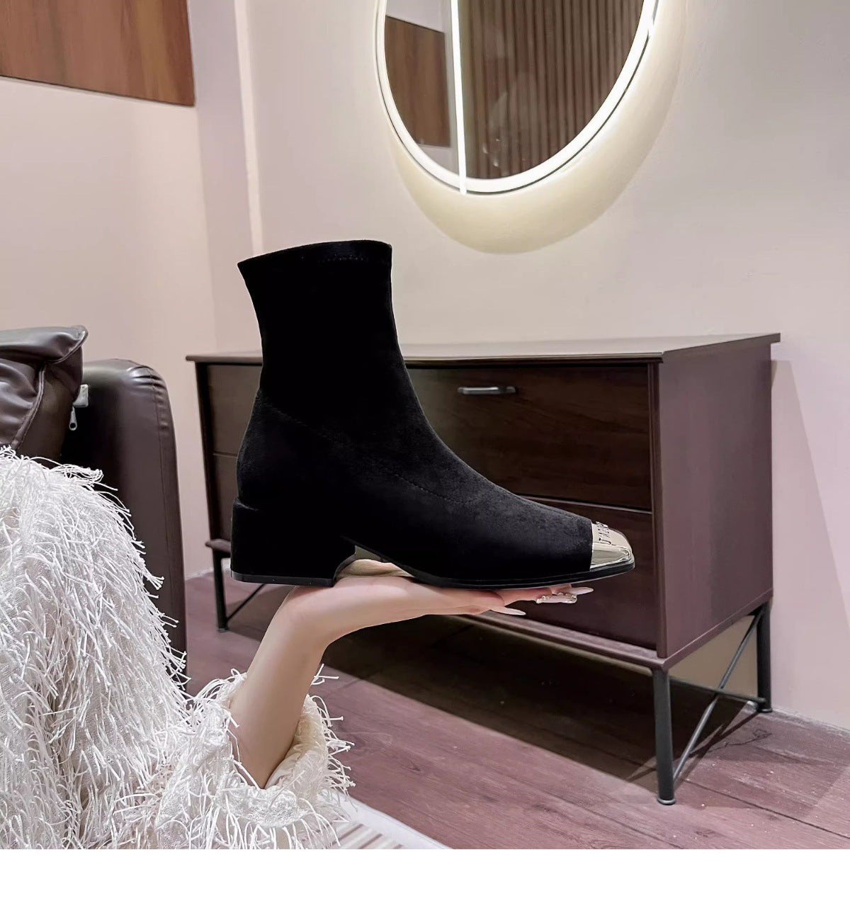Women's Suede Ankle Boots2024Autumn New Fashionable Chunky Heel Metal Square Toe Mid-Heel Stretch Slim Sock Boots