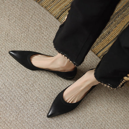 French Retro Color-Washed Pointed Toe Shallow Mouth Women's Shoes2023Spring new style comfortable soft leather thick heel low heel shoes