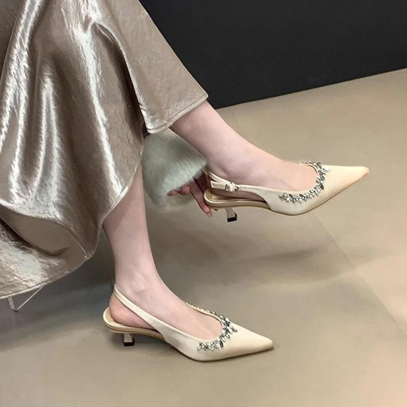 Women's Sandals2025Spring New Women's Shoes Backless Rhinestone Closed-Toe High Heels Pointed Toe Stiletto Bridesmaid Wedding Shoes