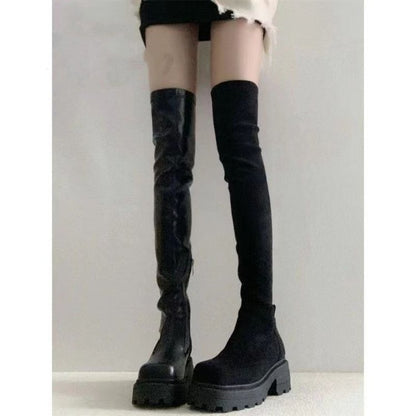Over-the-Knee Long Boots for Women, French Style High Boots, Leg-Wrapping Elastic Slim Boots, Thick-Soled Leather Boots, Riding Boots