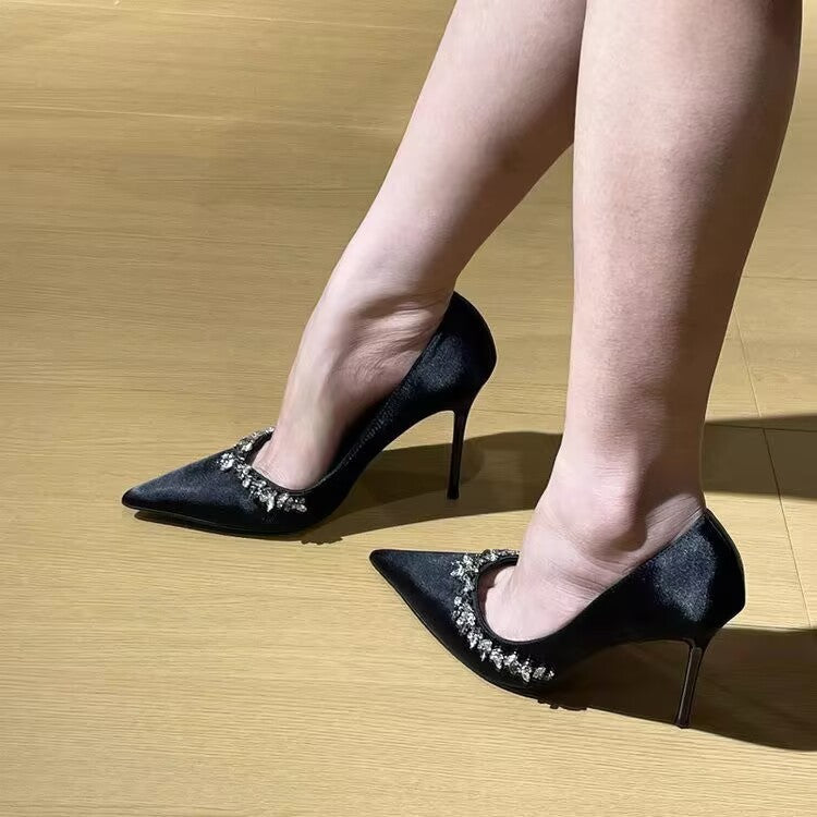 Purple high heels for women with thin heels and pointed toes, decorated with rhinestones V Elegant Socialite Style French Single Shoes2024Winter New