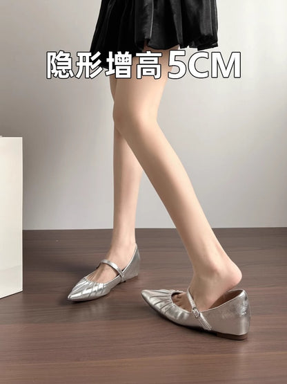 Height Increasing Insole Women's Shoes2024Summer New Retro One-Strap Mary Jane Pleated Pointed Toe Shoes