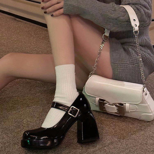 Black thick high heels2023New Style One-Strap Mary Jane Shoes Shallow Mouth Single Shoes for Women Round Toe
