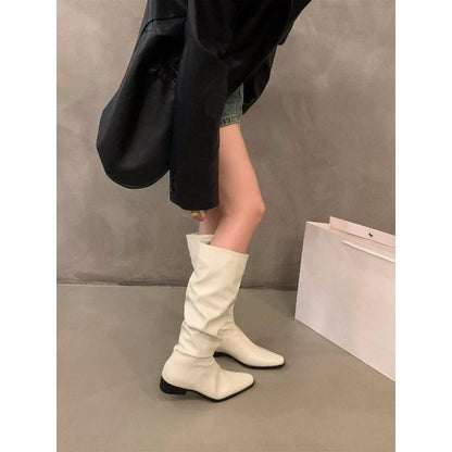Chunky Heel Ruched Slouchy Long Tube Riding Boots for Women2024New Spring and Autumn Western Slim Mid-Calf Long Boots