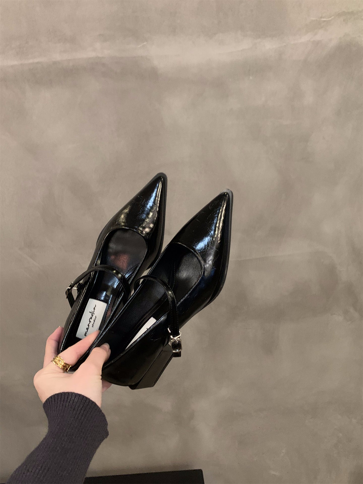 French style mid-high heel black pointed toe women's shoes2024New Spring Autumn Winter Mary Jane Evening Shoes