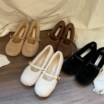 Fairy Style Internal Height Increase5cm Mary Jane Furry Shoes for Women2024New autumn and winter plush single shoes