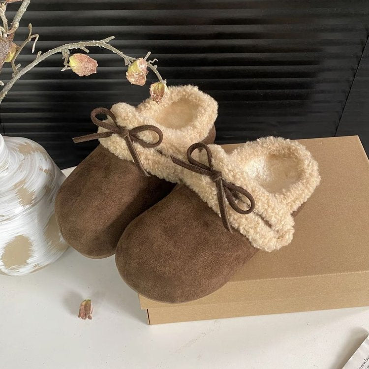 2025New Autumn and Winter Style Elegant Internet Celebrity Bow Cotton Slippers Light Luxury Retro Style Simple Versatile Closed-Toe Slippers