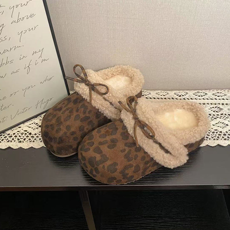 2025New Autumn and Winter Style Elegant Internet Celebrity Bow Cotton Slippers Light Luxury Retro Style Simple Versatile Closed-Toe Slippers