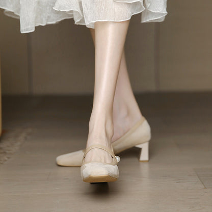 Mary Jane High Heels for Women, Chunky Heel, 2025 New Vintage Style, Versatile with Dresses, French Mid-Heel Square Toe Pumps for Women