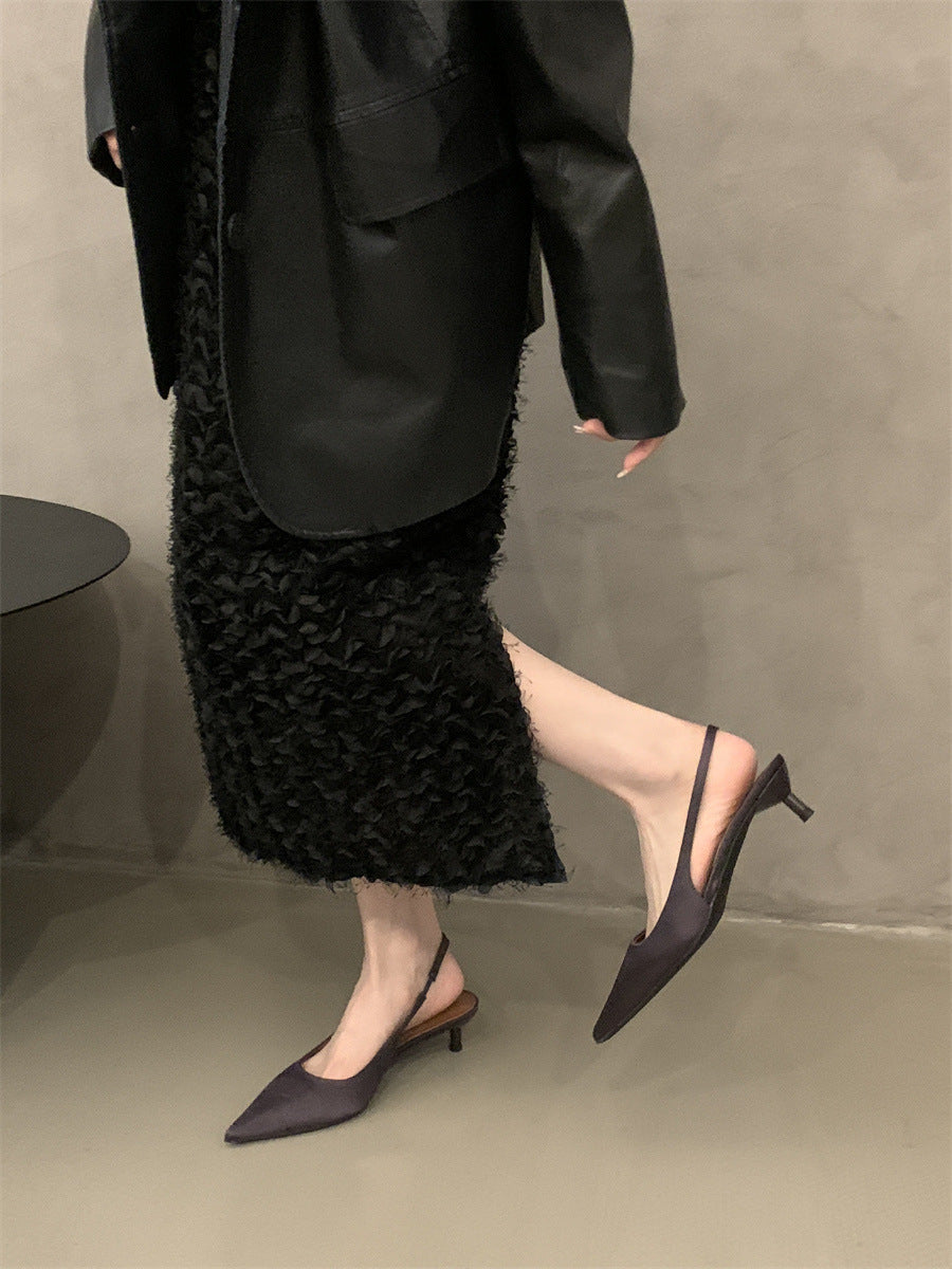 Niche high-end closed-toe sandals for women2024New Spring and Autumn Style Thin Heel Comfortable Pointed Toe Backless Single Shoes