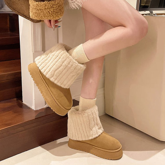 Artificial Short Plush Platform Sole Slip-On Boots Round Toe Cow Suede（Matte Leather）High Heel(6-8cm)Snow Boots
