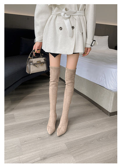 Long Boots for Women, Stretch Long Boots, Pointed Toe High Heel Boots, Over-the-Knee Boots, Suede High Boots, Khaki Color