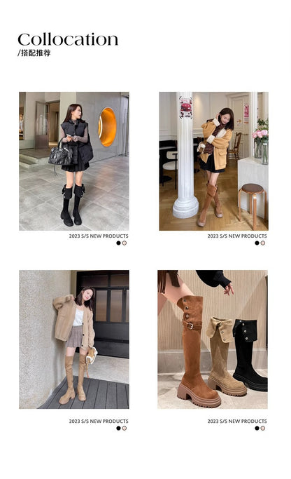 2025New Retro Small Western Boots for Women, Autumn and Winter Fleece-Lined Over-the-Knee Long Boots, Brown Long Boots, Riding Boots