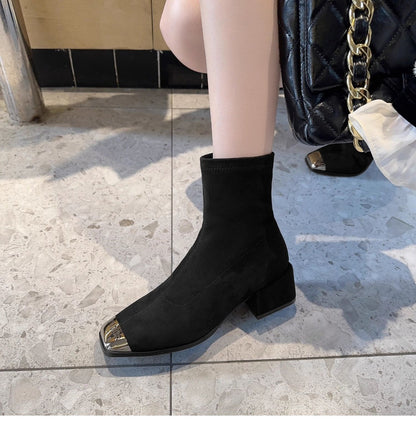 Women's Suede Ankle Boots2024Autumn New Fashionable Chunky Heel Metal Square Toe Mid-Heel Stretch Slim Sock Boots