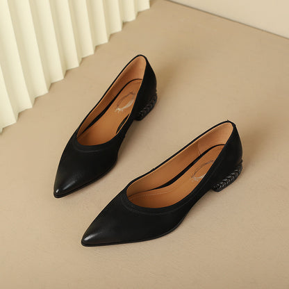 French Retro Color-Washed Pointed Toe Shallow Mouth Women's Shoes2023Spring new style comfortable soft leather thick heel low heel shoes