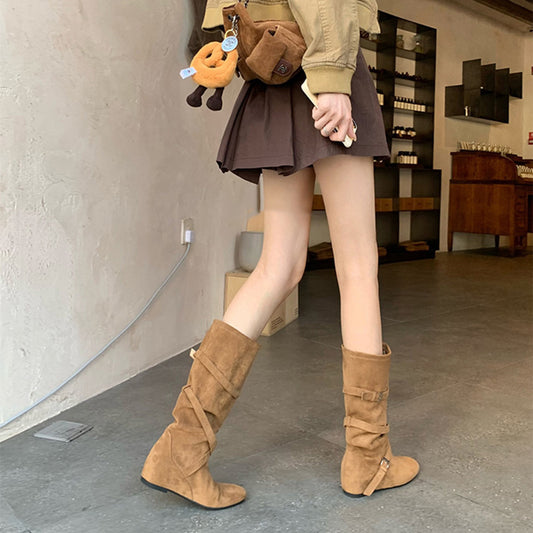 2025New Retro Matte Height-Increasing6cm~Korean Style Round Toe Buckle Strap Soft Wrinkled Slimming High Boots for Women Autumn