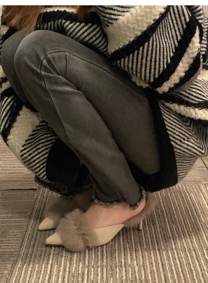Autumn and Winter2024New Pointed Toe Furry Warm Thin Heel High Heel Mules Women Closed Toe Mules Slippers
