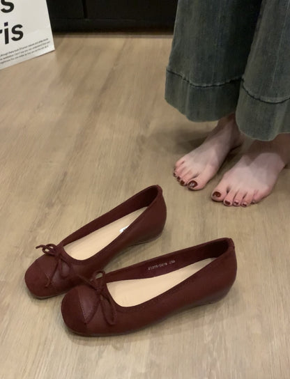 Women's French Style Shoes with Hidden Wedge2025Spring and Autumn New Suede Bowknot Slip-On Light Mouth Apricot Evening Shoes