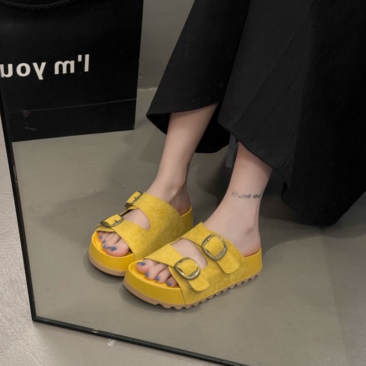 Solid Color Rubber Mid Heel(3-5cm)Platform Sole Suede Slippers