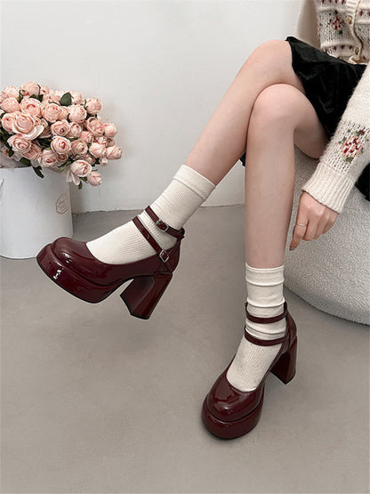 French style red high heels for women2024New Year's New Matching Skirt Temperament Thick Heel Mary Jane Shoes
