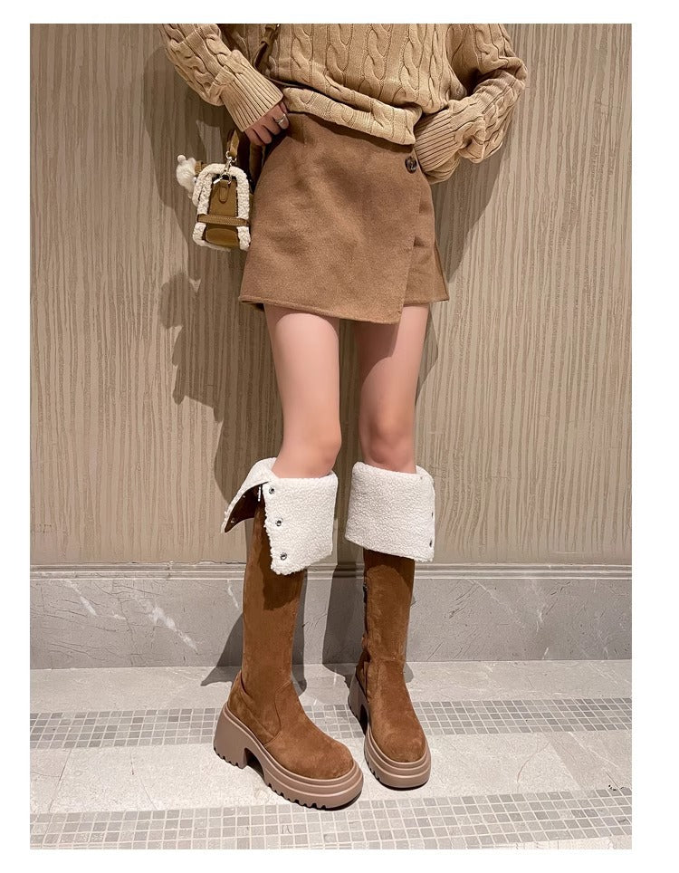 2025New Retro Small Western Boots for Women, Autumn and Winter Fleece-Lined Over-the-Knee Long Boots, Brown Long Boots, Riding Boots