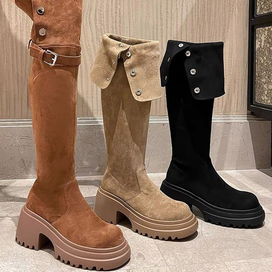 2025New Retro Small Western Boots for Women, Autumn and Winter Fleece-Lined Over-the-Knee Long Boots, Brown Long Boots, Riding Boots
