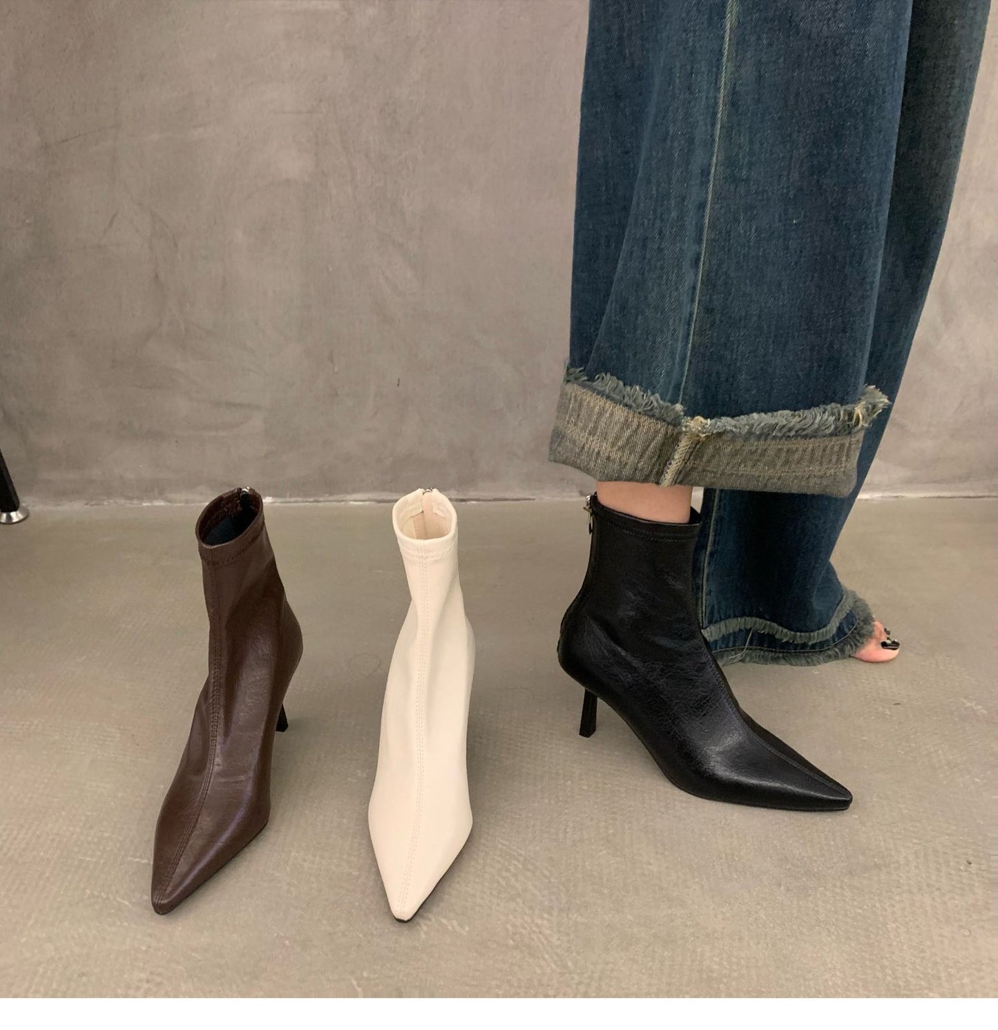 Thin Heel High Heel Spring and Autumn Single Boots Pointed Toe Short Boots Women's Shoes2023New Year's New White Korean Style Slim Nude Boots