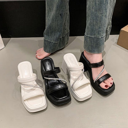 Solid Color Rubber Chunky Heel PU High Heel Slippers
