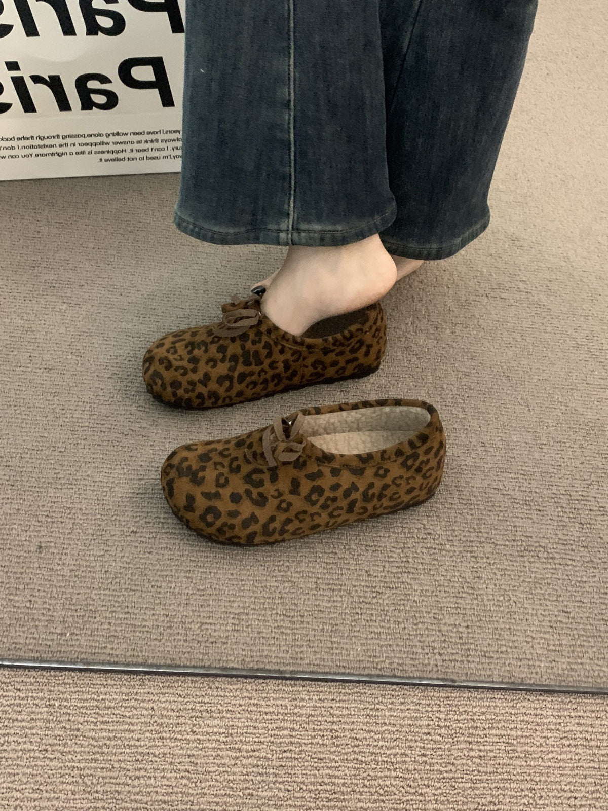 Late Night Breeze Height Increasing Thick Sole Leopard Print Fleece Lined Birkenstock Shoes for Outdoor Wear Autumn Winter Slip-On Ugly Cute Deep Mouth Beanie Cotton Shoes