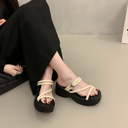 Solid Color Platform Sole Slippers PU Rubber mid-heel(3-5cm)