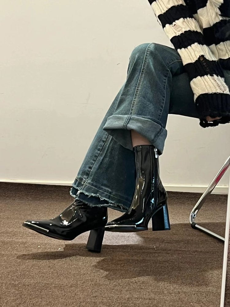 Kendall Jenner Style Short Boots for Women2023New Autumn Winter Square Toe Patent Leather Chunky Heel Short Slimming High Heel Boots