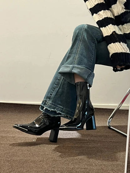 Kendall Jenner Style Short Boots for Women2023New Autumn Winter Square Toe Patent Leather Chunky Heel Short Slimming High Heel Boots