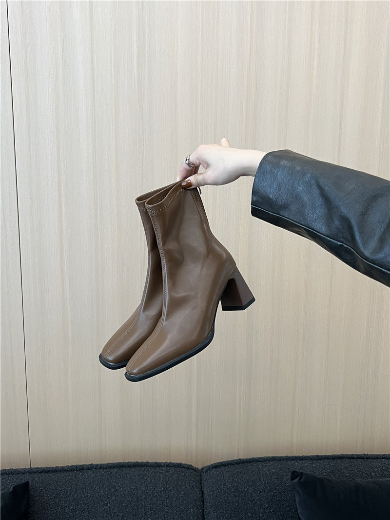 High Heel Slim Boots for Women Little Fairy2024New Year's Thick Heel Chimney Boots Internet Celebrity Fashion Chelsea Short Boots