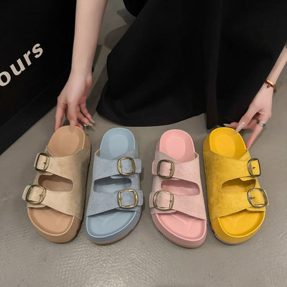 Solid Color Rubber Mid Heel(3-5cm)Platform Sole Suede Slippers