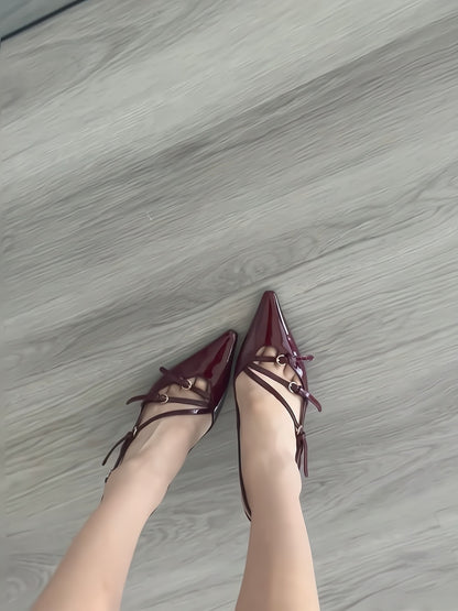 2024New Patent Leather One-Strap Cat Heel Closed-Toe Sandals Sexy Black Silk Pointed Toe Stiletto High Heels for Women