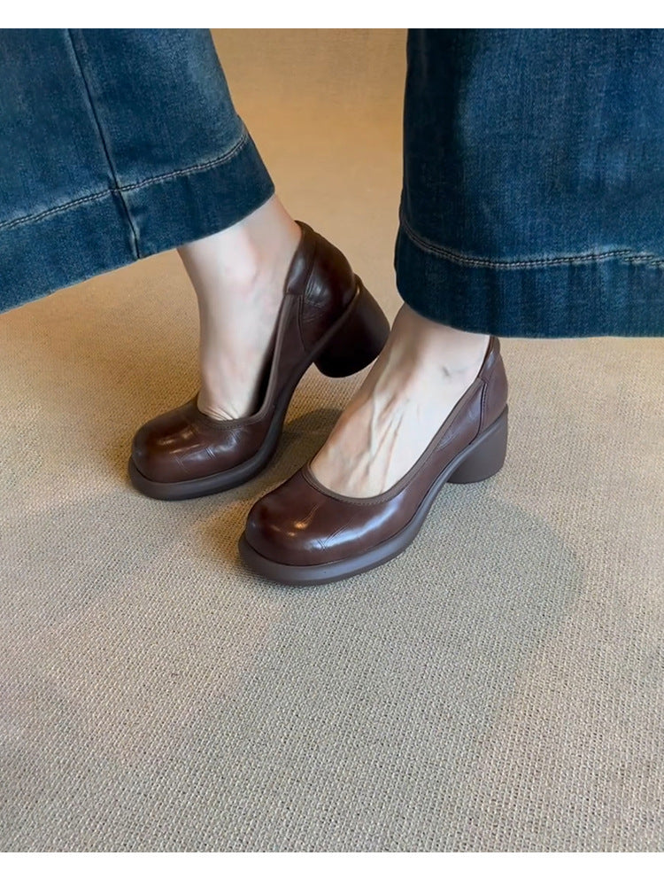 Vintage Shallow Mouth Single Shoes for Women, Round Toe, Chunky Heel, Slip-On Mary Jane Shoes, British Style Small Leather Shoes